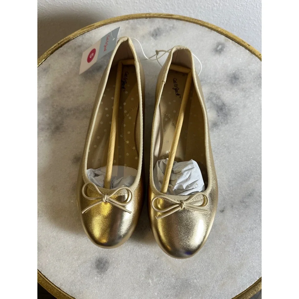 Cat & Jack Girls Gold Metallic Ballet Flats Bow Detail Slip On Shoes Size 5